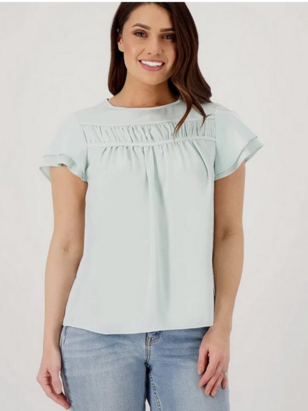 Candace Cameron Bure Top with Ruffle Front Yoke Detail Glacial Blue NWT